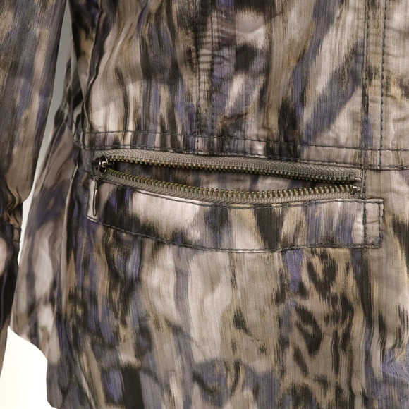 Chicos Jacket 1 Womens Medium 8 Blue Beige Nylon Blazer Ruffle Neck Career - Picture 12 of 15